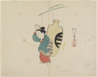 (Mobile de figure de femme et bouteille de saké), c. 1830